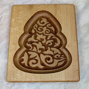 Gingerbread mold pattern carved. Winter tree. Wooden cookie cutter. Baking Springerle stamp