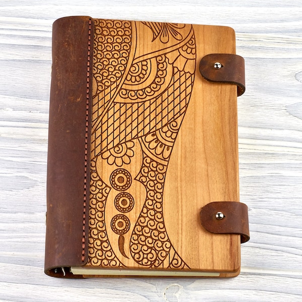 Wooden Notebook Leather Notebook Travelers Notebook Leather Journal Personalized Journal Wedding Guest Book Sketchbook  Engraved Notebook