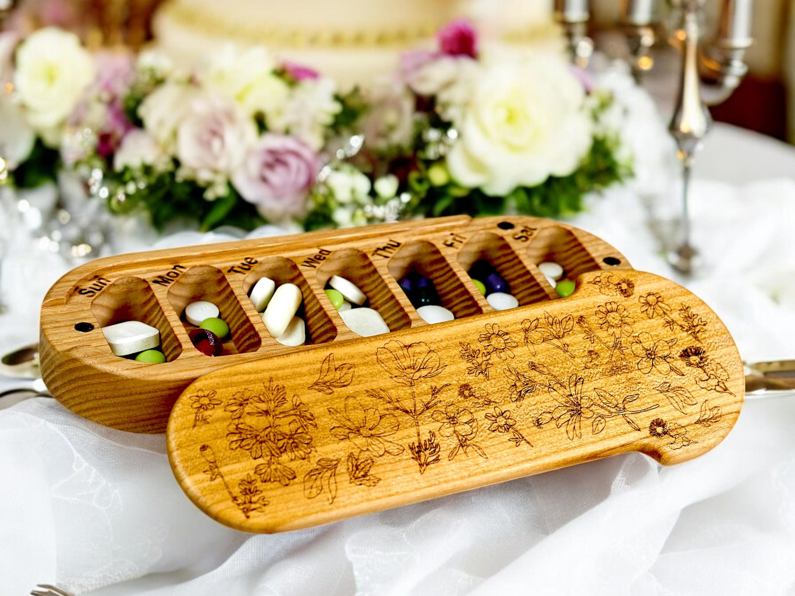 Floral Wooden 7-Day Pill Organizer, Magnetic Lid, Custom Engraving