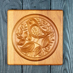 Wooden carved gingerbread cookie mold .Wood cookie cutter. Little bird. Baking springerle form