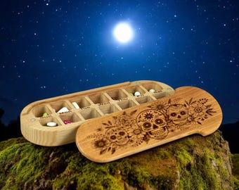 Handcrafted Wooden Weekly Pill Organizer – 7 Day Eco-Friendly Medicine Box with Skull Floral Engraving