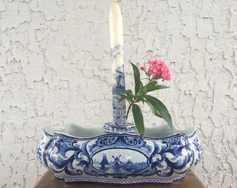 1800's Fourmaintraux Courquin Delft Jardiniere Candlestick Centerpiece Windmill 花王 Kaou Pioen Pivoine Peony Candle Holder Desvres France