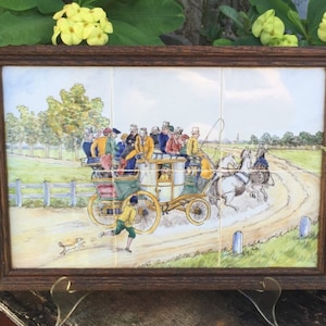 RARE! 1910 Delft 6 Tile Framed Tableau Delfts Polychroom "Stagecoach Line Amsterdam to Groningen" Tegeltableau WestRaven Utrecht Netherlands