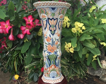 1800's Makkum Tichelaar Tall Delft Polychrome Vase Delfts Polychroom 菊 Kiku Chrysant Chrysanthemum Vaas Friesland Netherlands *Free SH