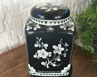 Royal Delft 1962 RARE BLACK "scratch" Tea Caddy Zwart Chinois 梅 Ume Plum Blossoms Ginger Jar Urn De Porceleyne Fles Netherlands *Free S&H