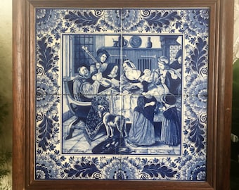 Rare Delft 4 Tile Tableau &quot;The Merry Family&quot; naar after Jan Steen Framed Wall Plaque Art Delfts Blauw Tegeltableau Netherlands *Free S&H