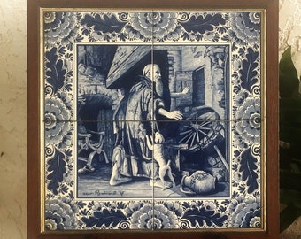 Rare Delft 4 Tile Tableau &quot;Man and Dog&quot; naar after Rembrandt Framed Wall Plaque Art Delfts Blauw Tegeltableau Netherlands *Free S&H