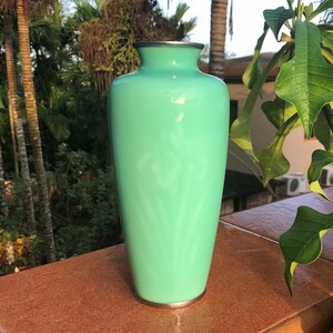 May include: A tall, mint-green vase with a silver rim and base. The vase has a smooth, glossy finish and a slightly flared shape. The background features lush greenery and a brown surface.