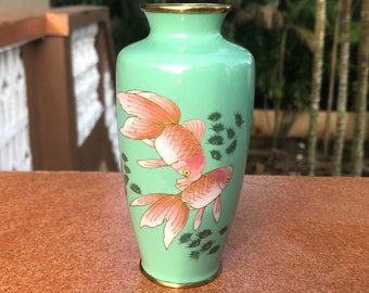 有線七宝 Yusen Shippo Silver Wire Cloisonne Vase 鯉 Koi Carp Pink Goldfish Vaas Blue Green Teal Shippou Aquatic Plants Jar Fish Jug Japan