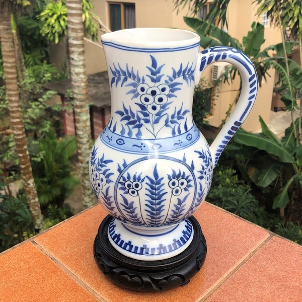 Rare Antique Delft Pitcher Old Delfts Blauw Kruik Chinois "MIMOSA" Pattern Ewer Floral Carafe Flower Vase Blossom Urn *Free SH