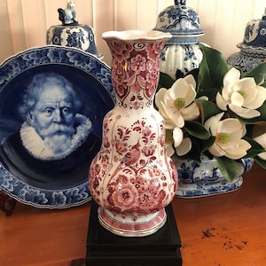 LARGE! Delft Red Gold Double Gourd Vase Delfts Rood Chinois Vaas 花王 Kaou Pioen Peony Blossoms Jar Floral Baluster Urn Jug Velsen Sassenheim