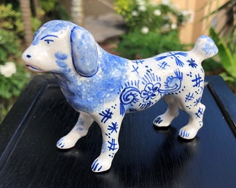 1800's Delft Dog Delfts Blauw Hond Figurine Statue Canine Statuette Model Figure Charles Fourmaintraux Freres Courquin Desvres France