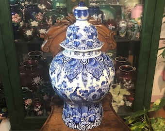SALE! Royal Delft 1961 Peacock Ginger Jar 20" Vase Delfts Blauw Deksel Vaas Pauw Paon Chinois 花王 Kaou Pioen Peony Urn De Porceleyne Fles