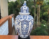Huge Old Delft Ginger Jar Vase Large Chinois Delfts Blauw 花王 Kaou Pioen Peony Deksel Vaas Urn Lion Finial Jug Louis Francois Fourmaintraux