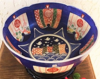 Rare Mark Fukagawa Large 染錦 Somenishiki Imari Kashibachi Bowl 福 Fuku 壽 Kotobuki Fukagawa Blue Cobalt Red Porcelain Arita Japan Free SH
