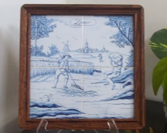 WestRaven Delft 4 Tile Tableau Delfts Blauw &quot;Zomer&quot; Summer Seasons Cutting Wheat Molen Windmill Wood Framed Tegeltableau Tegel Wall Plaque