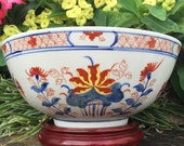 ACF Imari Punch Bowl Exotic Japon Floral Japanese Porcelain Ware Fruit Bowl Red White Blue Hand Painted In Hong Kong China PRC