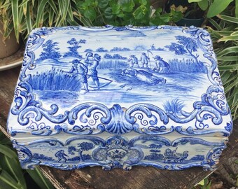 HUGE! 1800's RARE! Old Delft Large Romantic Jewelry Box Delfts Blauw Spaarpot Coffer Trinket Pastoral Money Chest Makkum Tichelaar Friesland
