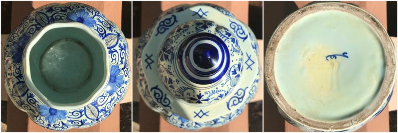 May include: A three-part image of a blue and white ceramic jar with a lid. The jar has a scalloped edge and is decorated with floral and scroll patterns. The lid has a knob and is also decorated with blue and white designs. The bottom of the jar is light blue.