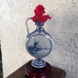OLD! Royal Delft 1896 MOON VASE Delfts Blauw 花王 Kaou Pioen Peony Jardin Vaas Molen Windmill Pitcher Ewer de Porceleyne Fles Netherlands