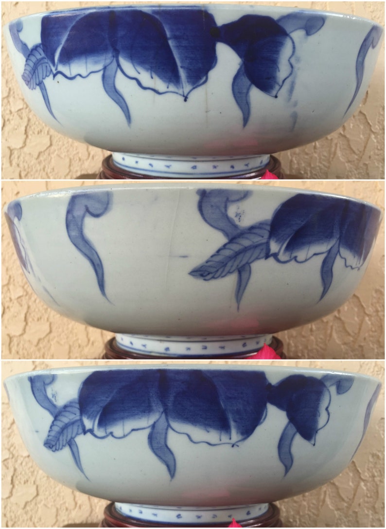 Ko-Imari Punch Bowl Large Sometsuke 鳳凰 Phoenix Bird & 桐 Kiri Paulownia Princess Tree Blossoms Porcelain Dish Edo Meiji Arita Japan *Free SH image 3