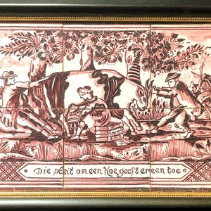 Rare Delft Manganese 6 Tile Framed Tableau Farmers Cow Lawyer Delfts Mangaan "Die pleit om een Koe, geeft er één toe" Tegeltableau WestRaven image 2