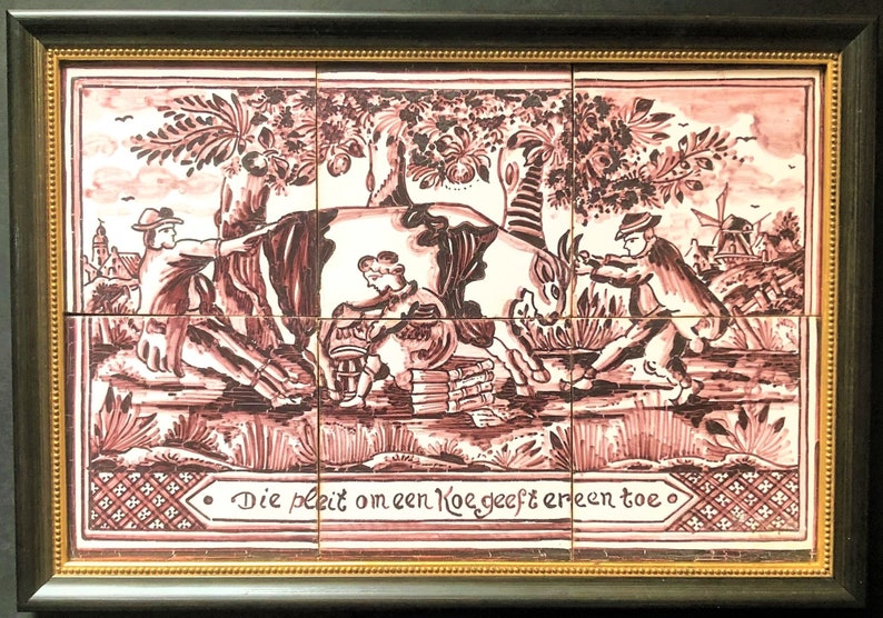 Rare Delft Manganese 6 Tile Framed Tableau Farmers Cow Lawyer Delfts Mangaan "Die pleit om een Koe, geeft er één toe" Tegeltableau WestRaven image 2