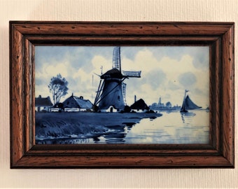 ドイツローゼンタール　ユーゲントシュティール　風景画プレート 1903 THREE Royal Delft Blue Tile Tableau Framed Delfts Blauw Molen