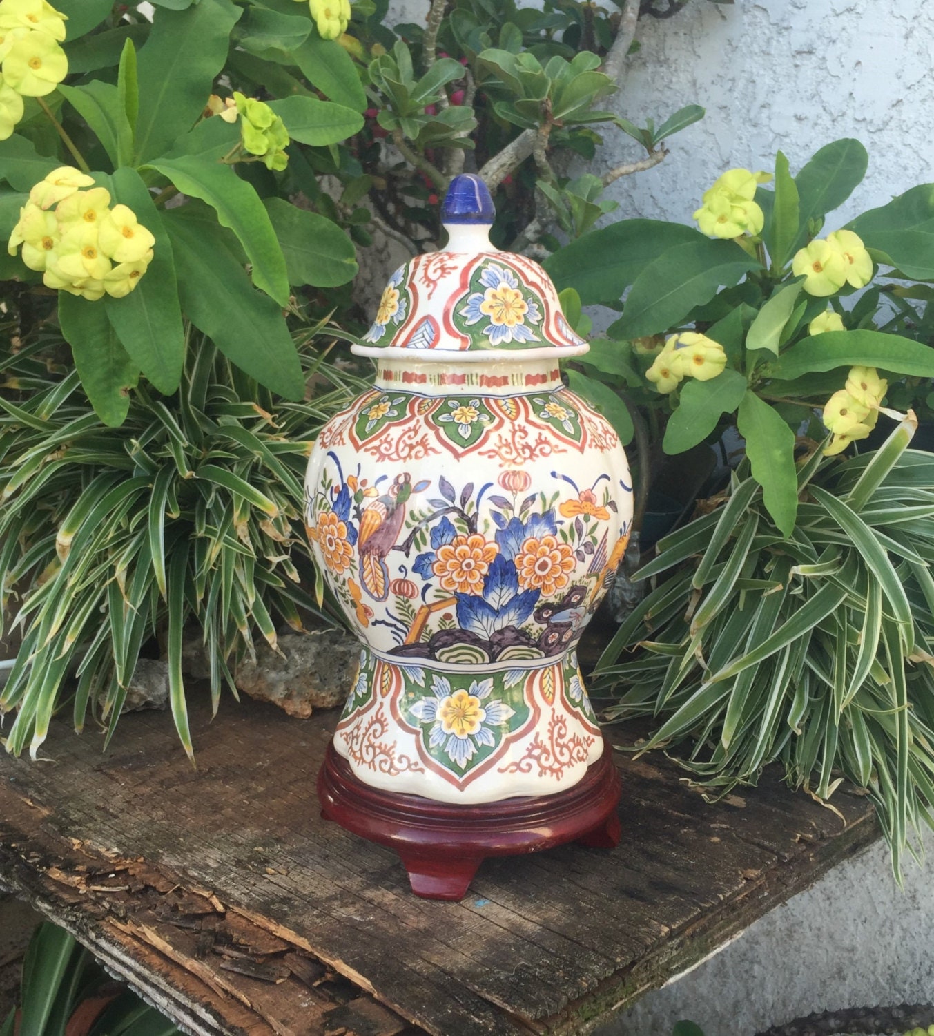 1800's Old Delft Ginger Jar Rare Parrots & Lyrebird Large Delfts Polychroom Chinois Gemberpot Deksel Vaas Vase Urn Jug Netherlands *Free SH