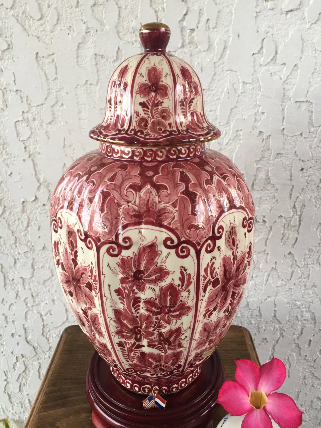 LARGE! Regina Delft Red Ginger Jar Delfts Rood Deksel Vaas Orchid