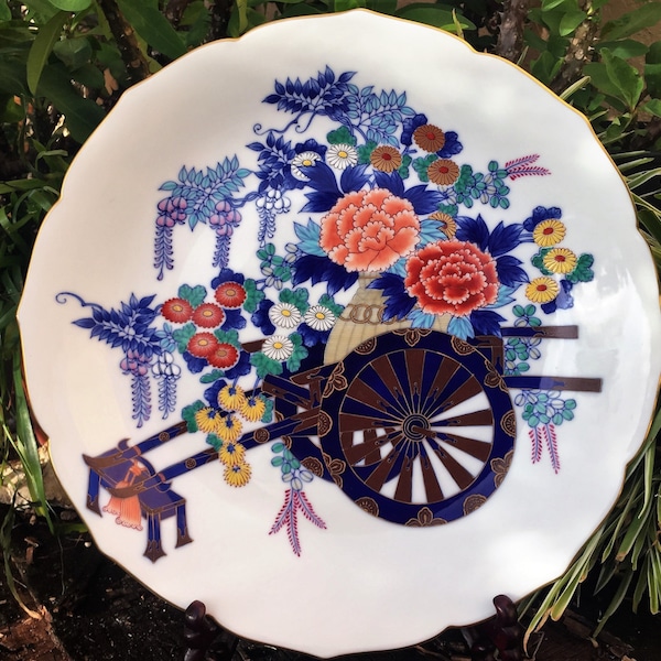 Koransha Charger 染錦 Somenishiki 花王 Kaou Pioen Peony & 人力車 Rickshaw Plate 色絵 Iroe Imari 菊 Kiku Chrysanthemum Dish Porcelain Arita Japan