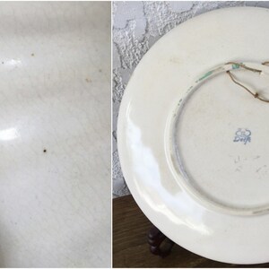 May include: White ceramic plate with a blue and green floral design. The back of the plate has a blue stamp that reads "Zwicker" and a hanging loop.