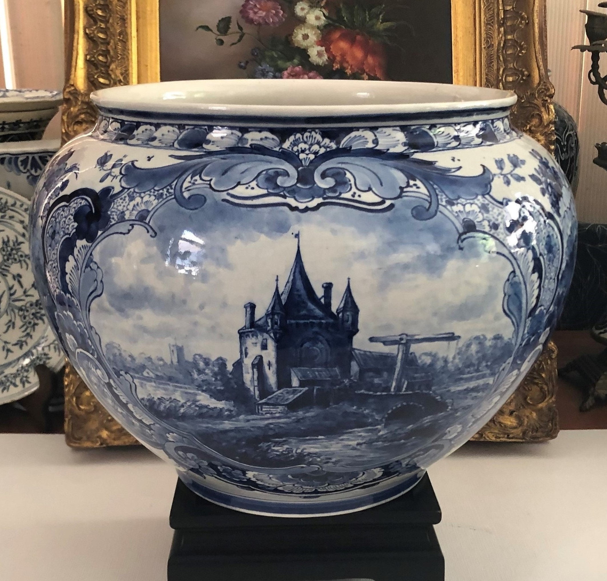 HUGE! Royal Delft Planter Delfts Blauw Oud Kerk Brug