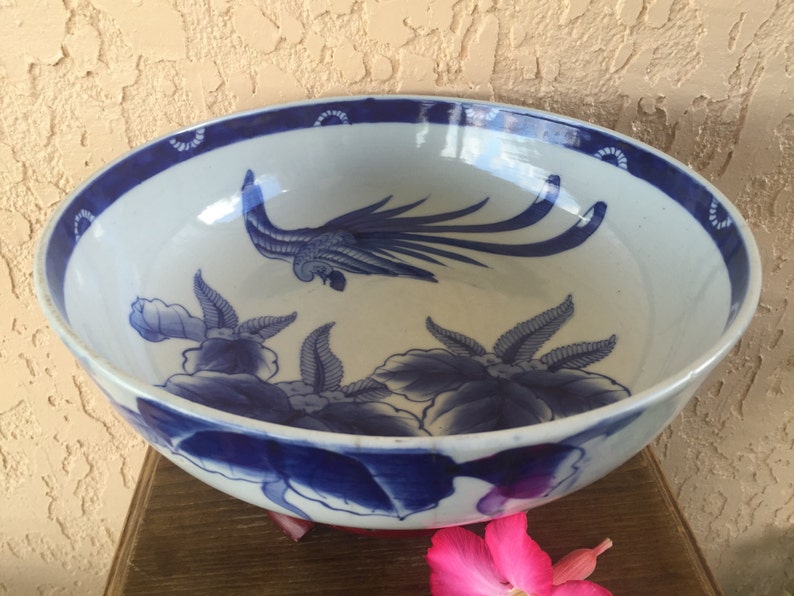 Ko-Imari Punch Bowl Large Sometsuke 鳳凰 Phoenix Bird & 桐 Kiri Paulownia Princess Tree Blossoms Porcelain Dish Edo Meiji Arita Japan *Free SH image 1