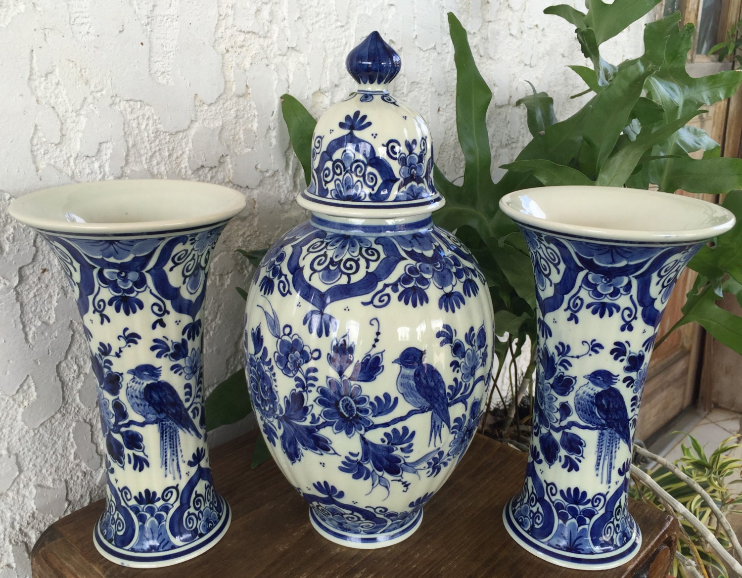Zenith Delft Ginger Jar Vase Garniture Set Delfts Blauw Kaststel Deksel Vaas Vazen Birds 花王 Kaou Pioen Peony Blossoms Netherlands Free S&H