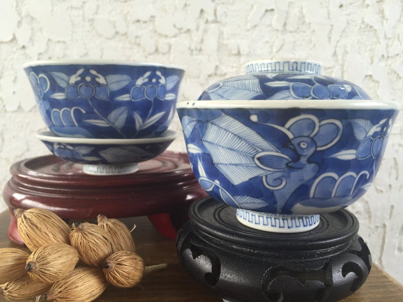 May include: Two blue and white porcelain bowls with floral designs. One bowl has a lid. The bowls are on decorative wooden stands. The bowls are decorated with blue floral patterns and are a classic example of Asian ceramics.