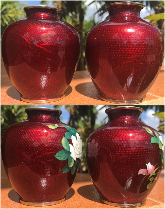 TWO 佐藤七宝 Sato Shippo Cloisonne Vases Pair Floral 紅薔薇 Red