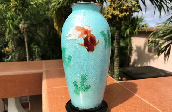 ANDO 有線七宝 Yusen Shippo Silver Wire Cloisonne Vase 鯉 Koi