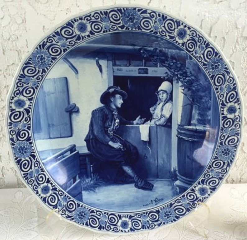 HUGE! Royal Delft 1917 Charger Large Old Delfts Blauw Schotel ''Tronie of a Man with a Feathered Beret" Rembrandt Plate Dish Porceleyne Fles 画像 8