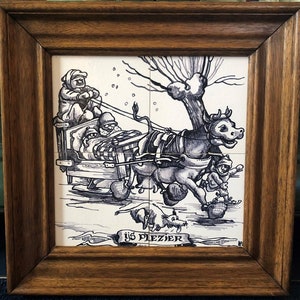 May include: A black and white illustration of a cow pulling a sled with three people on it. The sled is on a snowy surface and there is a tree in the background. The text "ijs plezier" is written on a banner at the bottom of the image.