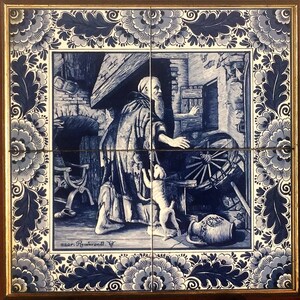 May include: A blue and white Delft tile depicting a man with a beard and a dog in a workshop setting. The tile has a decorative border with floral motifs. The text "naar Rembrandt" is visible at the bottom of the tile.