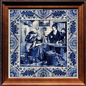 May include: A blue and white Delft tile depicting a scene of three people in a kitchen. The tile is framed in a wooden frame. The tile features a woman sitting in a chair, a man standing, and a woman standing in the background. The tile is decorated with floral designs.