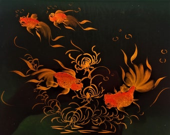 漆器 Shikki Black Lacquer Ware Fancy Goldfish Silver Handle