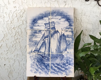 Makkum Delft Tableau 6 Tile Set by Tichelaar? Delfts Blauw Tegeltableau Sailing Ship Nautical Wall Plaque Tegels Netherlands *Free S&H