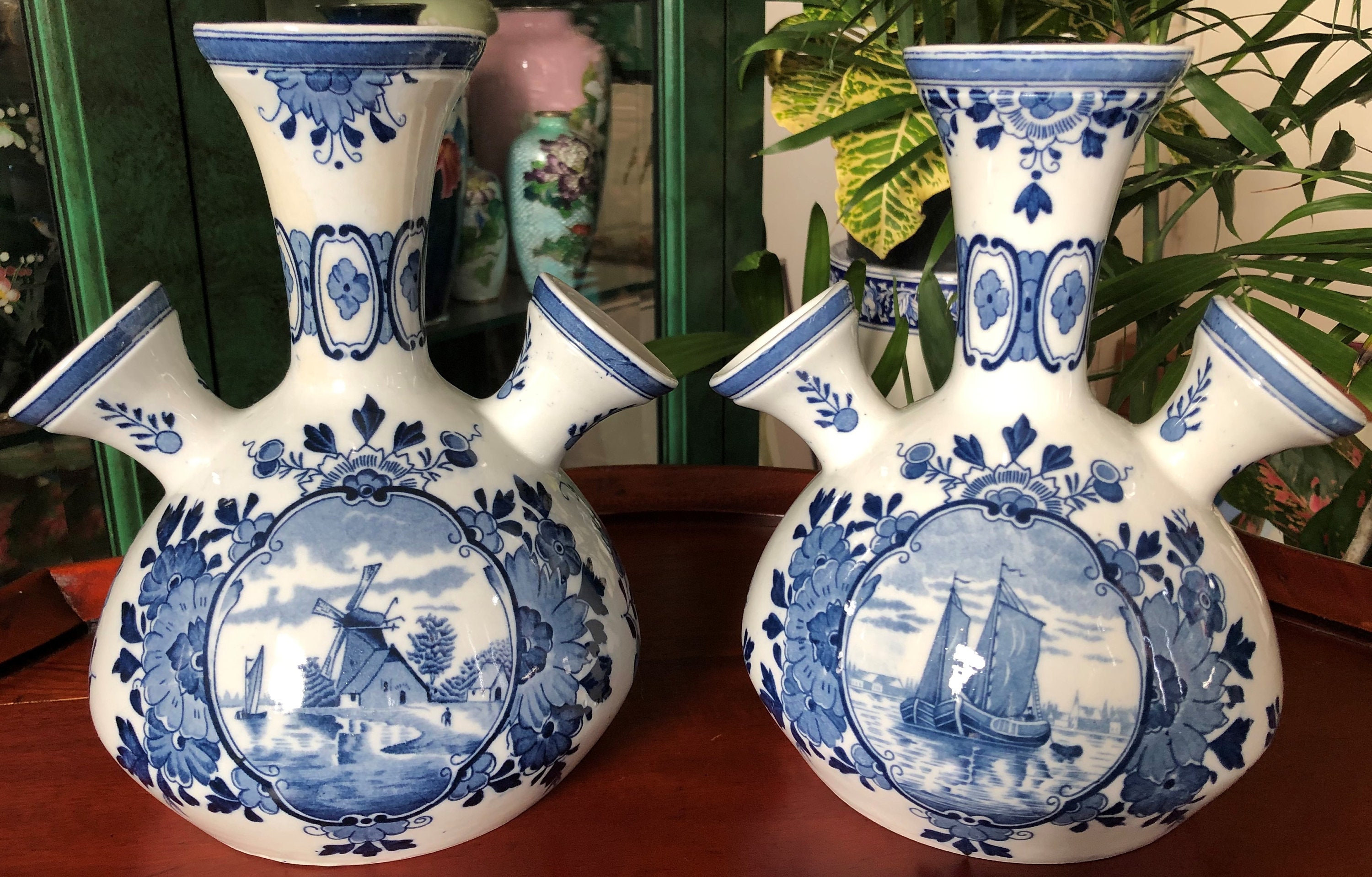 Two Delft Art Deco Vases Pair Delfts Blauw Molen Vazen 花王 Kaou Pioen ...