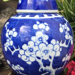 Op de afbeelding: Een kleine blauwe en witte porseleinen pot met een deksel. De pot is versierd met een bloemmotief van witte bloesems op blauwe takken. De pot staat op een houten voet.