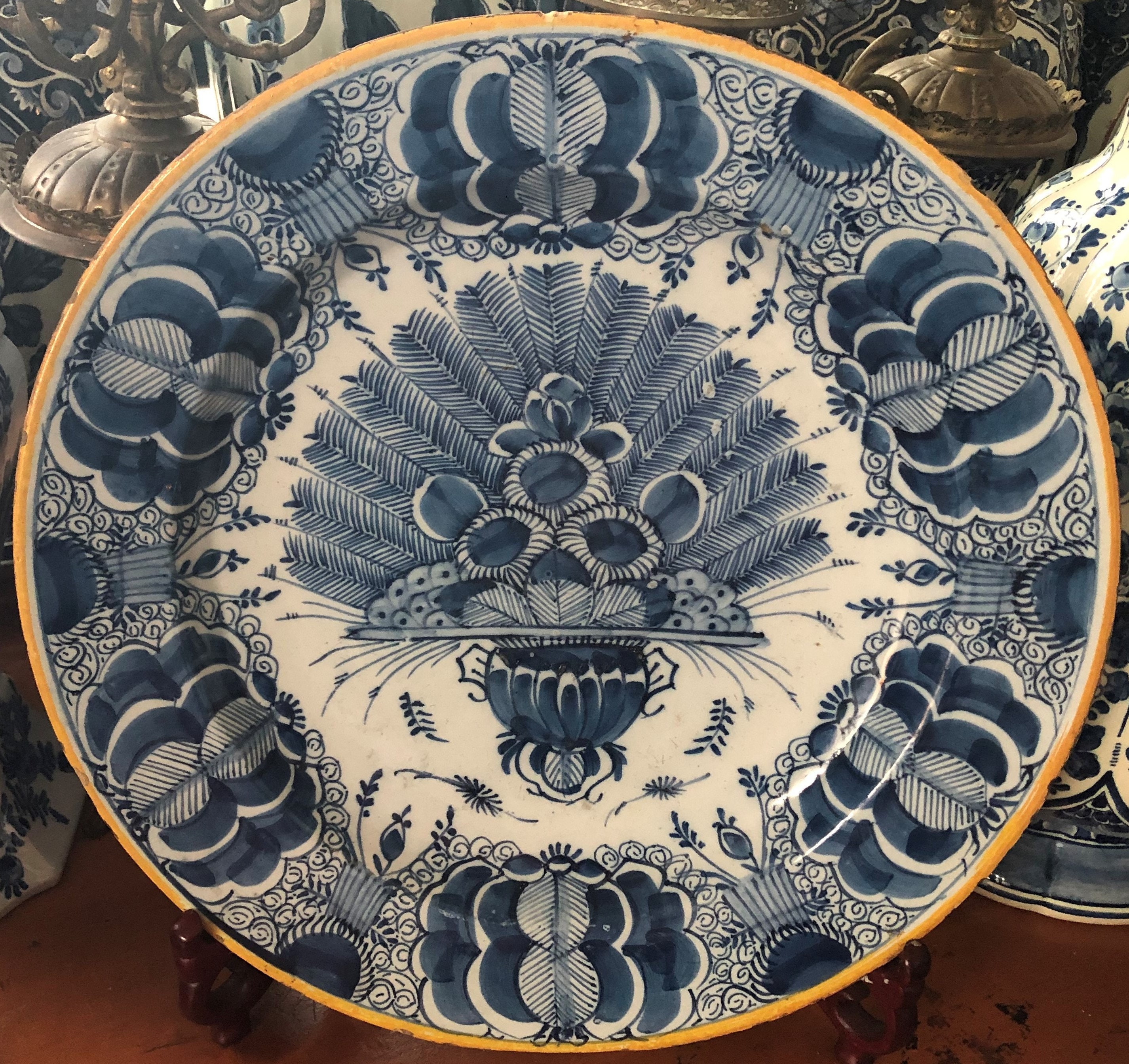 1700s Large Old Delft Plate Delfts Blauw Waaierbord Pauw Peacock