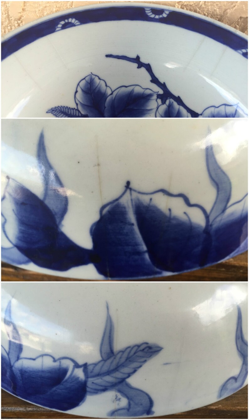 Ko-Imari Punch Bowl Large Sometsuke 鳳凰 Phoenix Bird & 桐 Kiri Paulownia Princess Tree Blossoms Porcelain Dish Edo Meiji Arita Japan *Free SH image 4
