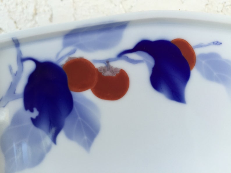 May include: A white ceramic plate with a blue and red floral design. The design features blue leaves and red fruit.