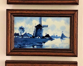 1903 THREE Royal Delft Blue Tile Tableau Framed Delfts Blauw Molen